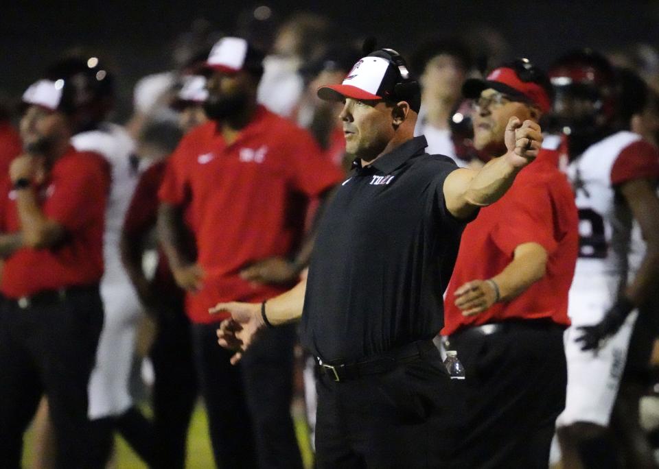 Liberty Lions head coach Colin Thomas reacts during action against the Sunrise Mountain Mustangs during a football game played at Sunrise Mountain High School in Peoria on Sept. 15, 2023.