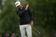 Mito Pereira, of Chile, reacts after missing a putt on the eighth hole during the third round of the PGA Championship golf tournament at Southern Hills Country Club, Saturday, May 21, 2022, in Tulsa, Okla. (AP Photo/Eric Gay)