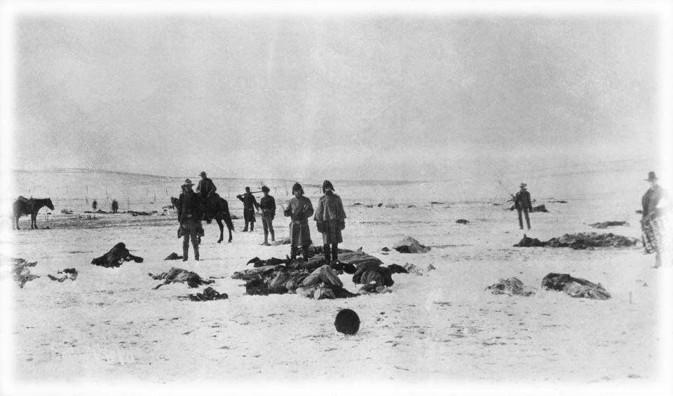 Aftermath of the Wounded Knee Massacre, South Dakota in 1890. (Photo: Bettmann Archive via Getty Images; digitally enhanced by Yahoo News)