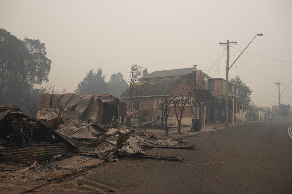 Burnt-out buildings on Cobargo's Main Street in NSW's Bega Valley.