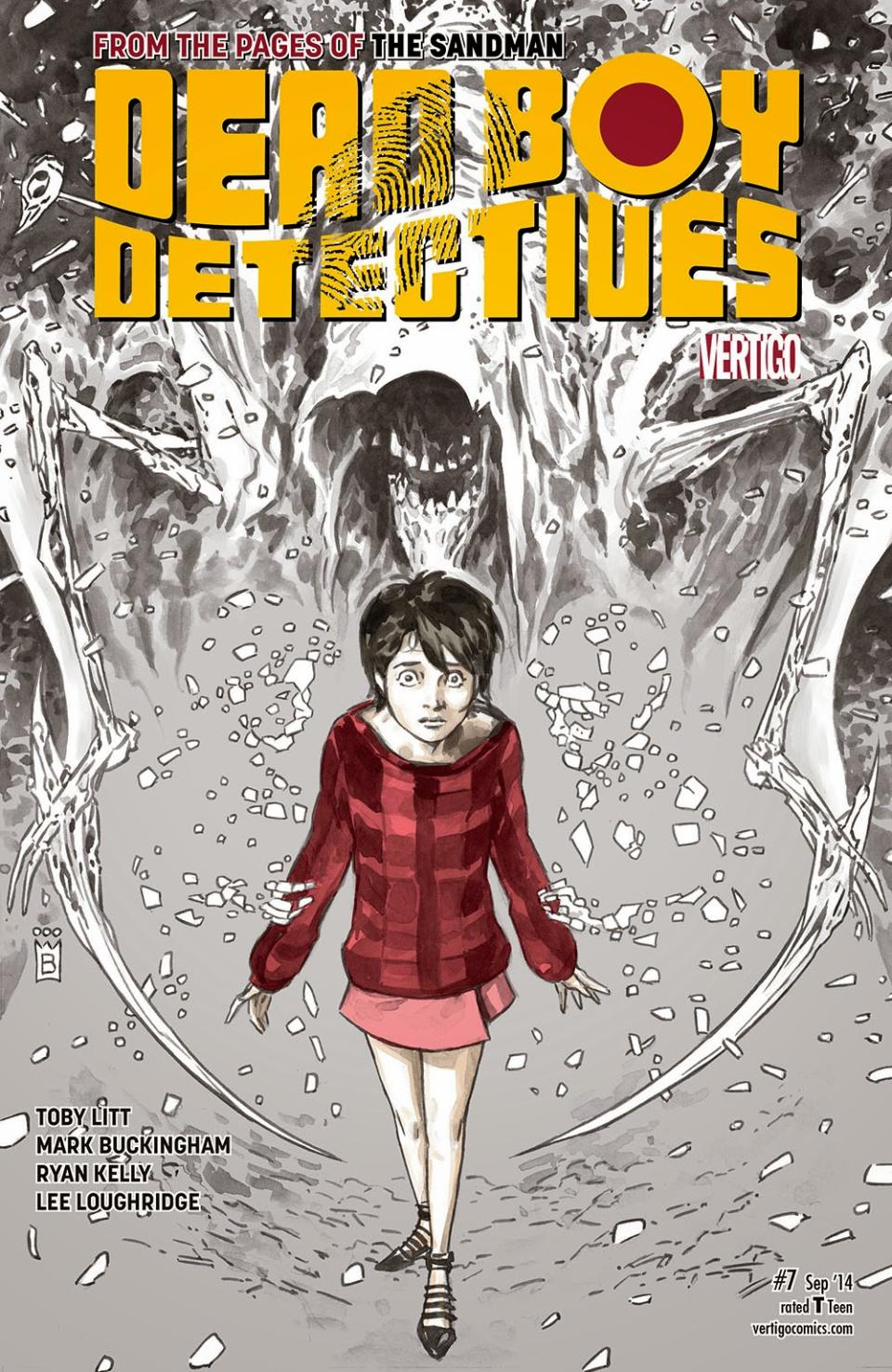 The cover for Dead Boy Detectives #7 shows a young girl Crystal Palace walking through a dark and spooky forest