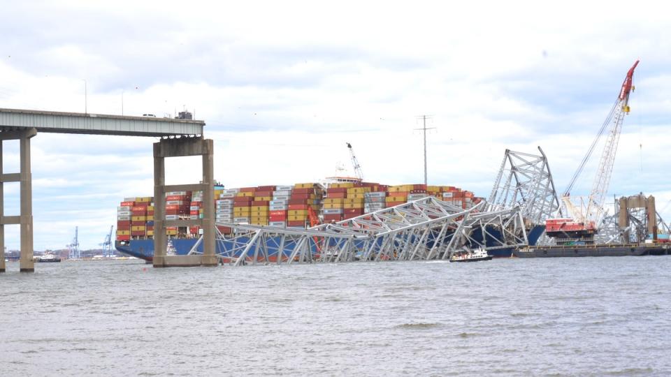 The Francis Scott Key Bridge in Baltimore was struck by a cargo ship called “Dali” on 26 March. Authorities, including the US Coast Guard and Maryland State Police continue working to reopen the bridge (Julia Saqui/The Independent)