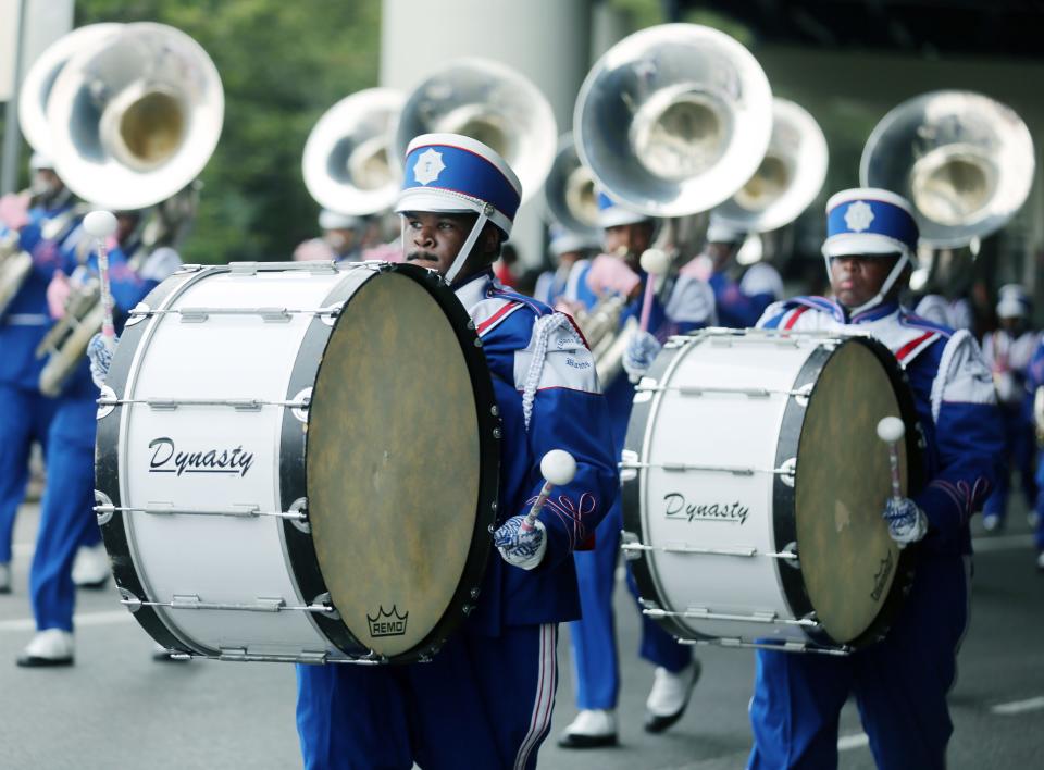 The Tennessee State University Aristocrat of Bands crosses under I-40 on Jefferson Street during TSU's homecoming parade Oct. 14, 2017.