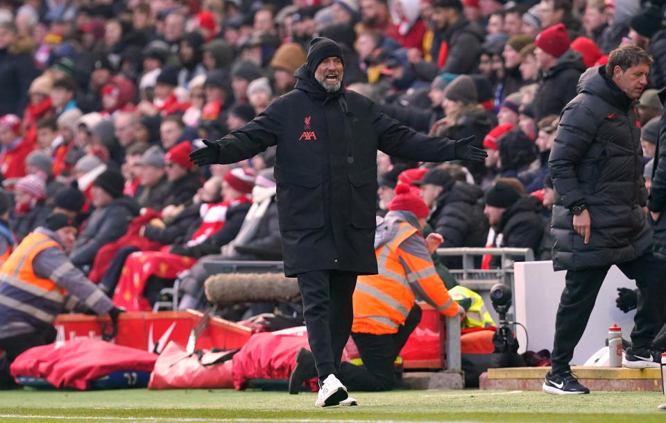 Liverpool manager Jurgen Klopp on the touchline during the Premier League match at Anfield, Liverpool. Picture date: Saturday January 21, 2023. (Photo by Martin Rickett/PA Images via Getty Images)