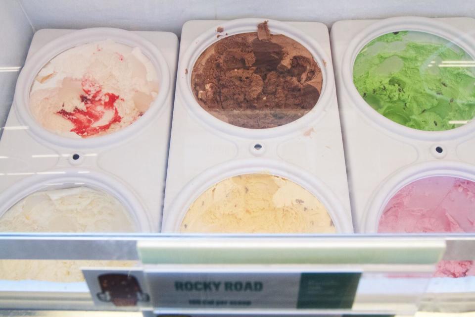 Six tubs of ice cream in the Thrifty ice cream case at Rite Aid's Glassell Park location