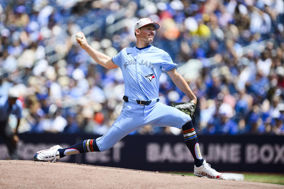 Toronto Blue Jays pitcher Chris Bassitt throws the ball during the first inning of a baseball game against the Houston Astros, in Toronto on Thursday, July 4, 2024. (Christopher Katsarov/The Canadian Press via AP)