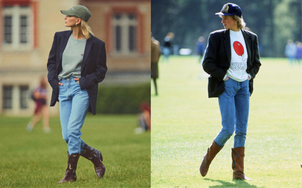 Hailey Bieber paid sartorial homage to Princess Diana in a now-viral fashion editorial [Photo: Instagram/Getty]