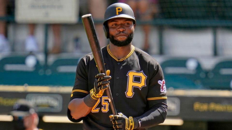 Mandatory Credit: Photo by Gene J Puskar/AP/Shutterstock (11782939aq)Pittsburgh Pirates' Gregory Polanco bats during a spring training exhibition baseball game against the Detroit Tigers at LECOM Park in Bradenton, FlaTigers Pirates Spring Baseball, Bradenton, United States - 02 Mar 2021.