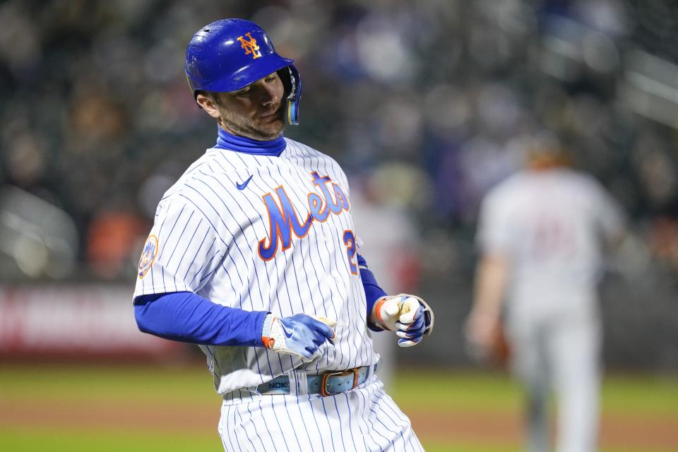 New York Mets' Pete Alonso reacts after hitting into a double play during the ninth inning of the team's baseball game against the Washington Nationals on Tuesday, April 25, 2023, in New York. The Nationals won 5-0. (AP Photo/Frank Franklin II)