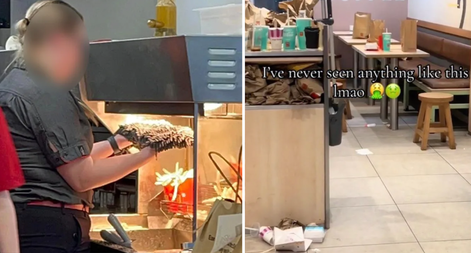 A woman dries a broom head under a heat lamp (left) and a restaurant has trash and food scattered on the floor (right). 