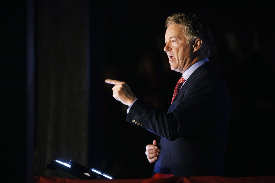 Sen. Rand Paul, R-Ky, gives a victory speech at the Bowling Green Country Club after defeating Charles Booker for U.S. Senate in Bowling Green, Ky., Tuesday, Nov. 8, 2022. (AP Photo/Michael Clubb)