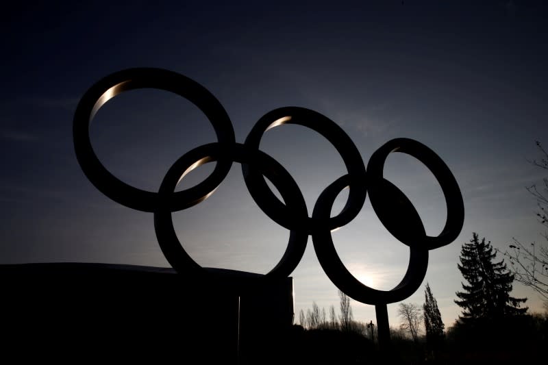 FILE PHOTO: The rings are pictured in front of the IOC in Lausanne