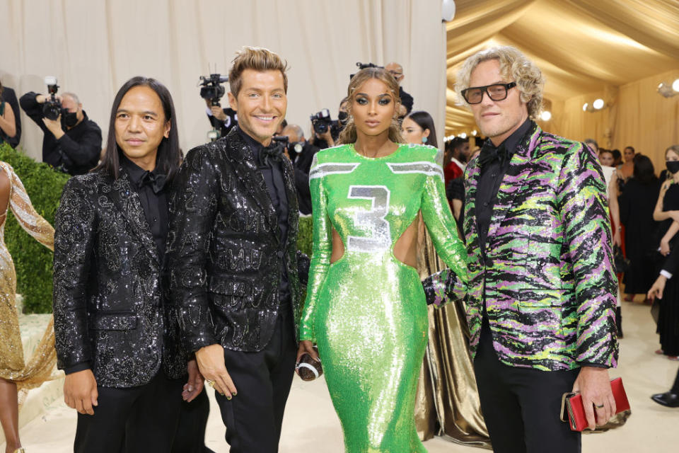 (L-R) Evangelo Bousis, Michael Mente, Ciara and Peter Dundas attend The 2021 Met Gala Celebrating In America: A Lexicon Of Fashion at Metropolitan Museum of Art on September 13, 2021 in New York City.