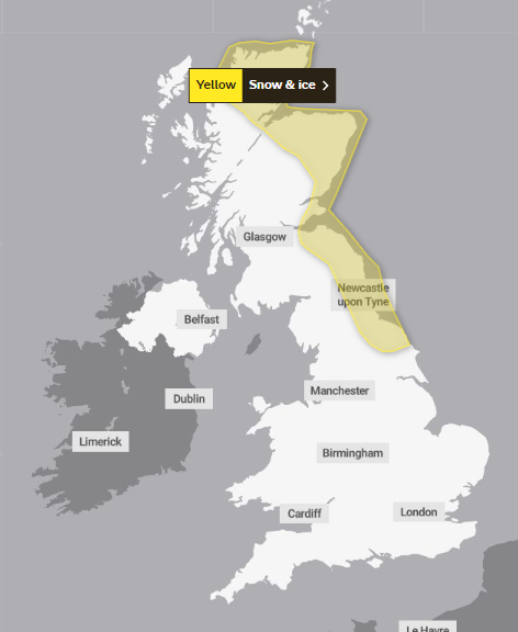 The warning covers the North East of England and parts of Scotland (The Met Office)