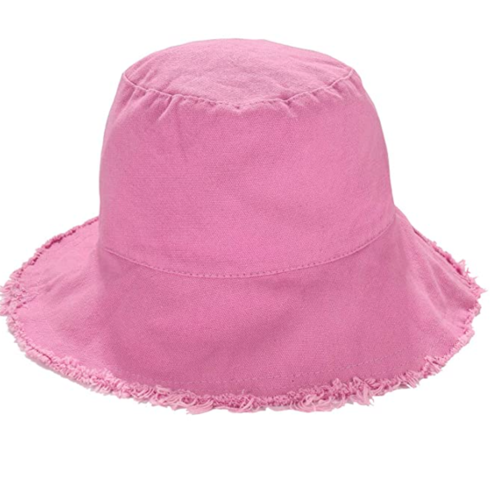 Pink sun hat with frayed fringing. boderier Sun Hats for Women Summer Casual Wide Brim Cotton Bucket Hat from Amazon