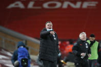 West Bromwich Albion's manager Sam Allardyce shouts during an English Premier League soccer match between Liverpool and West Bromwich Albion at the Anfield stadium in Liverpool, England, Sunday Dec. 27, 2020. (Clive Brunskill/Pool via AP)