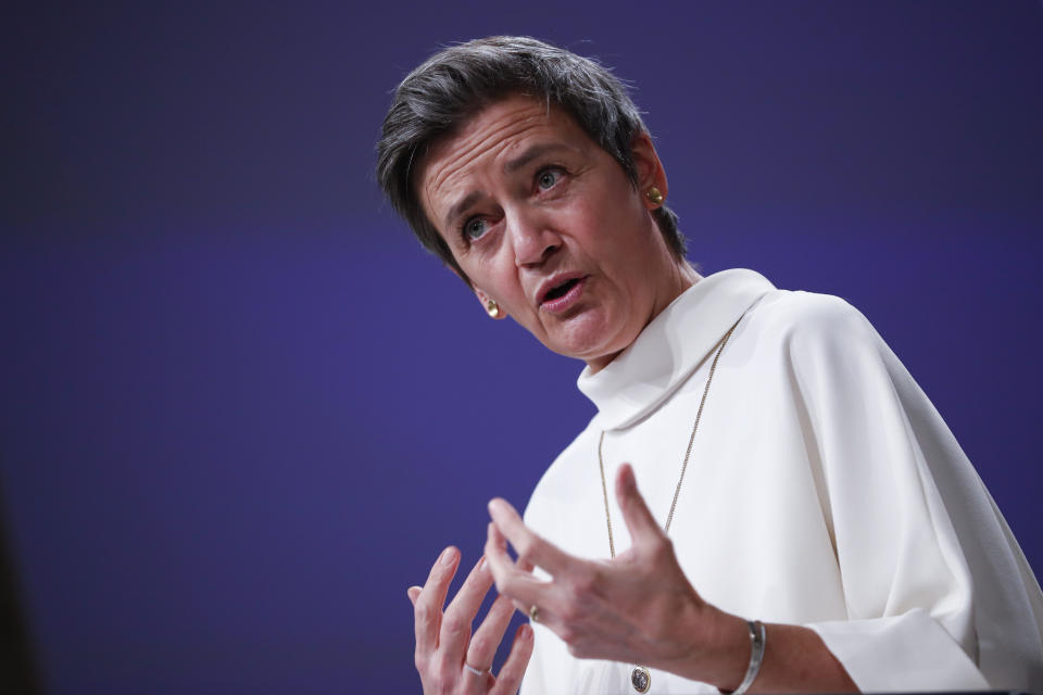 European Commissioner for Europe fit for the Digital Age Margrethe Vestager speaks during a news conference on European project in battery value chain at the European Commission headquarters in Brussels,Tuesday, Jan. 26. 2021. The European Union has approved €2.9 billion (US3.53 billion) in subsidies from 12 member countries for a second pan-European project to develop the bloc's electric battery industry and move away from its reliance on Asian imports. (AP Photo/Francisco Seco, Pool)