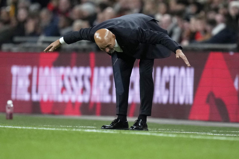 Italy coach Luciano Spalletti reacts during the Euro 2024 group C qualifying soccer match between England and Italy at Wembley stadium in London, Tuesday, Oct. 17, 2023. (AP Photo/Kirsty Wigglesworth)