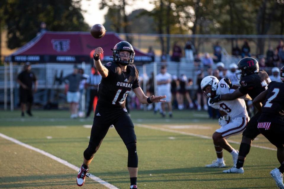 Dunbar quarterback Ethan Teall (18) completed 25 of 40 passes for 264 yards and two touchdowns in Friday night’s defeat.