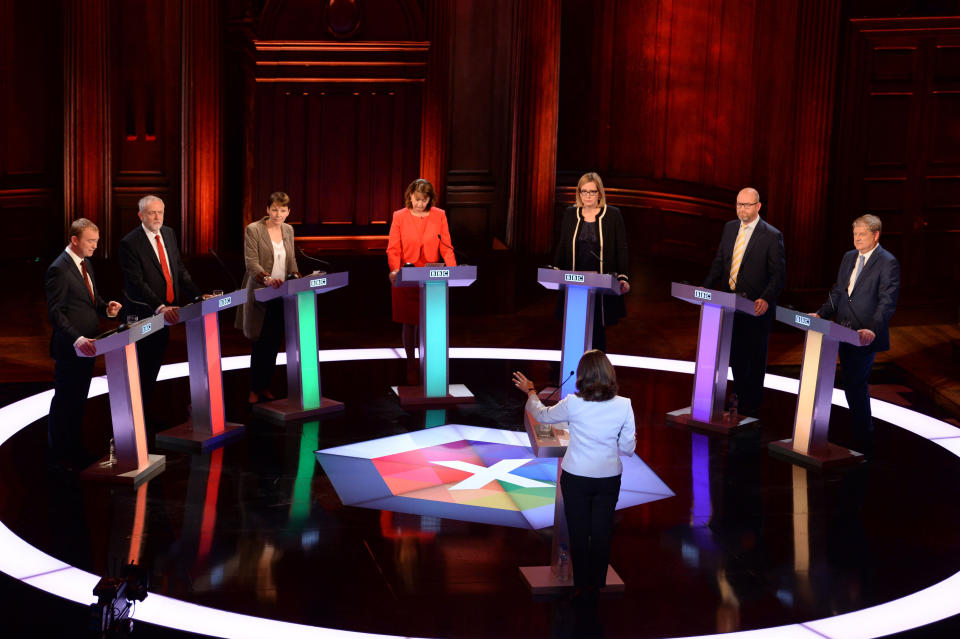 (left to right) Liberal Democrats leader Tim Farron, Labour leader Jeremy Corbyn, Green Party co-leader Caroline Lucas, Plaid Cymru leader Leanne Wood, Home Secretary Amber Rudd, Ukip leader Paul Nuttall and SNP deputy leader Angus Robertson take part in the BBC Election Debate hosted by BBC news presenter Mishal Husain, as it is broadcast live from Senate House, Cambridge.