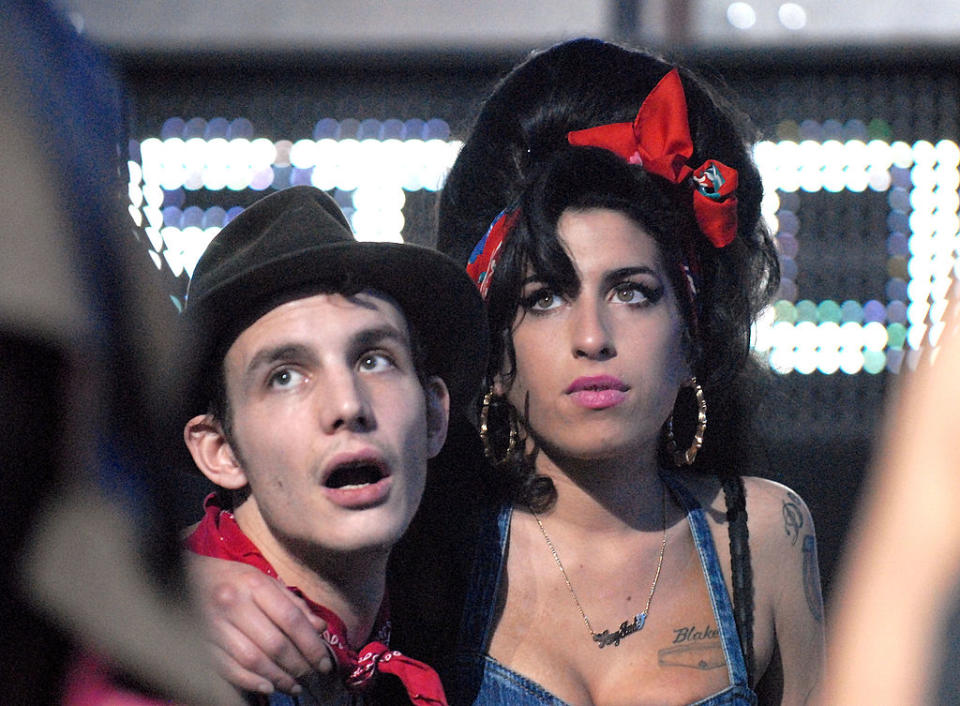 Blake Fielder-Civil and Amy Winehouse at the 2007 MTV Europe Music Awards in Munich, Germany. Winehouse's "Blake" pocket tattoo is clearly visible.<span class="copyright">Jeff Kravitz—FilmMagic</span>