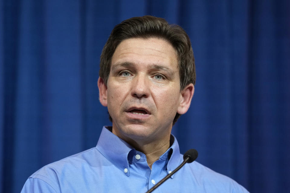 FILE - Florida Gov. Ron DeSantis speaks during a fundraising picnic for U.S. Rep. Randy Feenstra, R-Iowa, Saturday, May 13, 2023, in Sioux Center, Iowa. In the coming weeks, at least four additional candidates are expected to launch their own presidential campaigns, joining a field that already includes DeSantis, Scott, former U.N. Ambassador Nikki Haley, former Arkansas Gov. Asa Hutchinson, tech billionaire Vivek Ramaswamy and several longer-shots like conservative talk radio host Larry Elder. (AP Photo/Charlie Neibergall, File)