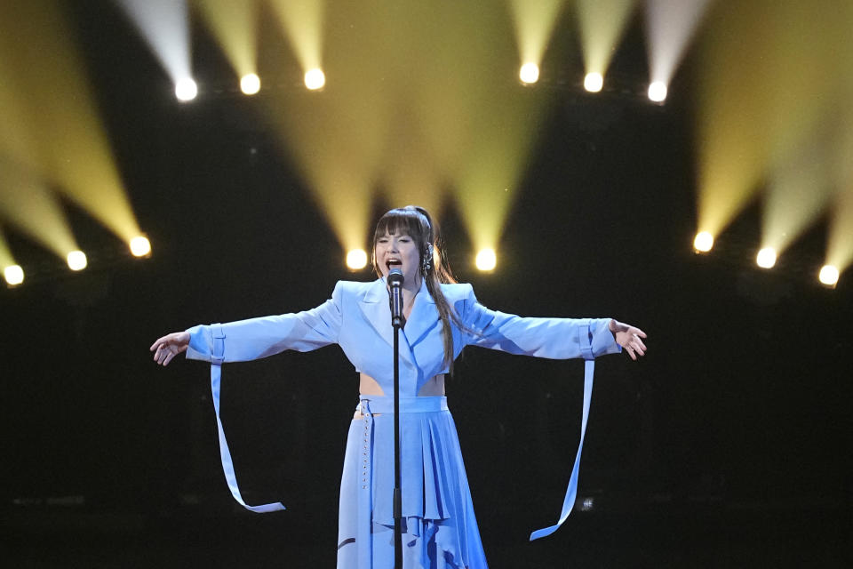 Jere Poyhonen AKA Kaarija of Finland performs during the Grand Final of the Eurovision Song Contest in Liverpool, England, Saturday, May 13, 2023. (AP Photo/Martin Meissner)