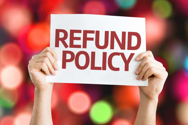 Refund Policy card with colorful background with defocused lights