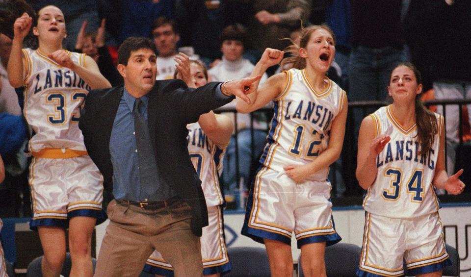 Lansing girls basketball coach Stuart Dean near the end of the Section 4 Class C championship game with Groton in 1999.