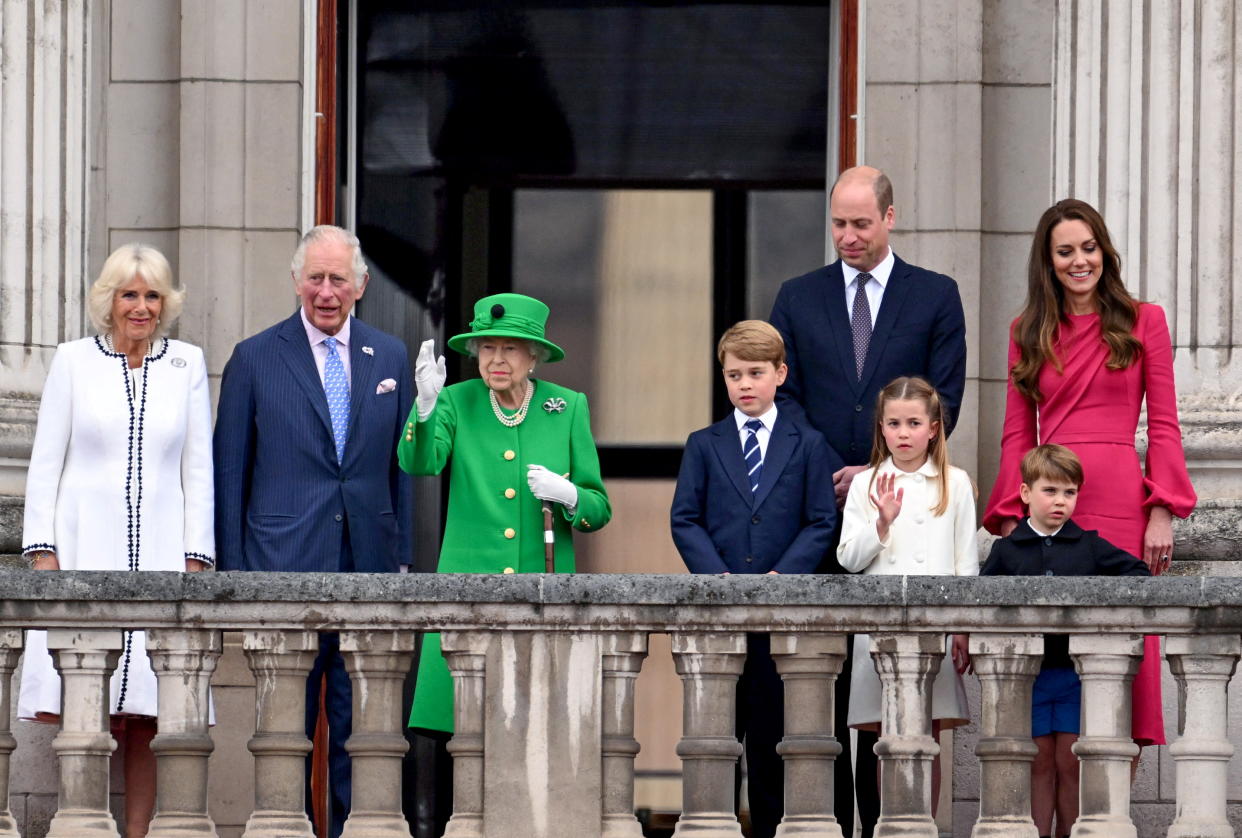 Britain's Camilla, Duchess of Cornwall, Prince Charles, Queen Elizabeth, Prince George, Prince William, Princess Charlotte, Prince Louis and Catherine, Duchess of Cambridge stand on the balcony during the Platinum Pageant, marking the end of the celebrations for the Platinum Jubilee last June. (Reuters) 