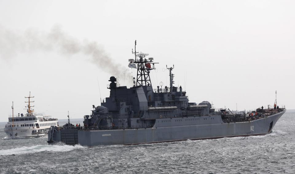 The Russian Navy's large landing ship Novocherkassk sails in the Bosphorus, on its way to the Mediterranean Sea, in Istanbul, Turkey, October 8, 2015.