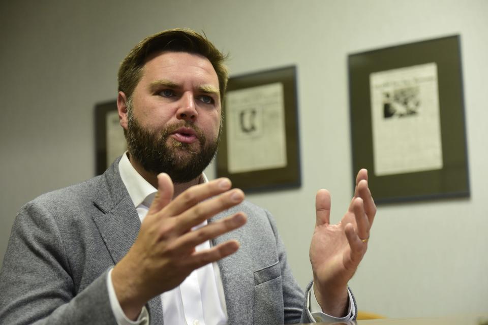 J.D. Vance, the Republican running in Ohio's U.S. Senate race, is seen Aug. 29, 2022, in Mansfield, Ohio. Former President Donald Trump held a rally in Ohio on Sept. 17 to support Vance.