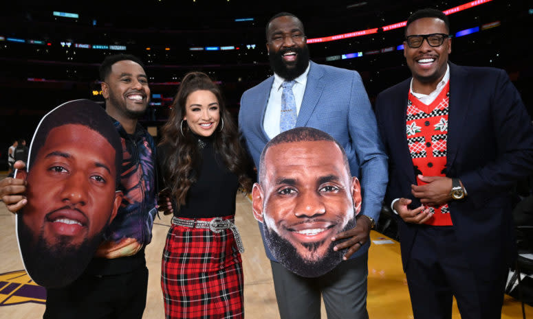 Kendrick Perkins on the court with his ESPN colleagues before an NBA game.