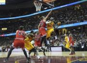 May 6, 2015; Cleveland, OH, USA; Cleveland Cavaliers forward LeBron James (23) drives on Chicago Bulls center Joakim Noah (13) during the fourth quarter in game two of the second round of the NBA Playoffs at Quicken Loans Arena. The Cavs won 106-91. Mandatory Credit: Ken Blaze-USA TODAY Sports