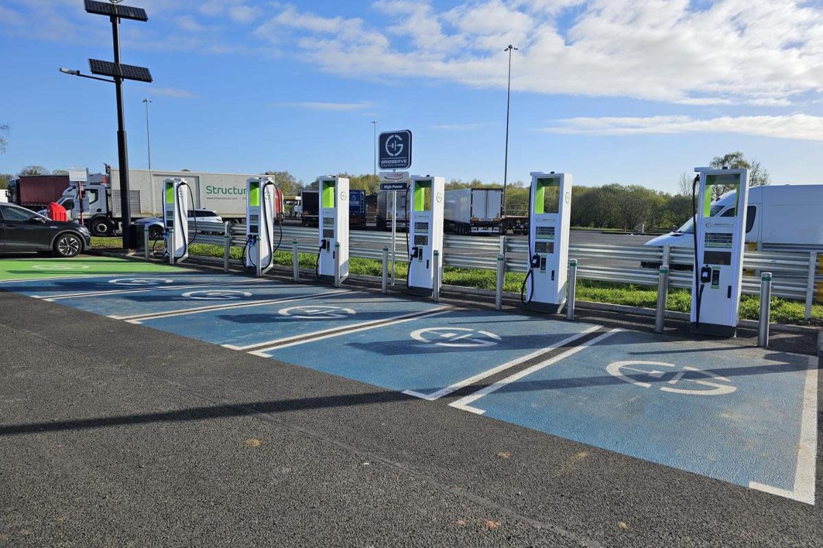 Roadchef, a motorway service, has launched its newest High-Powered Super Hub, unveiling six ultra-fast 350KW chargers on the M74, just outside Glasgow <i>(Image: Hard Numbers)</i>