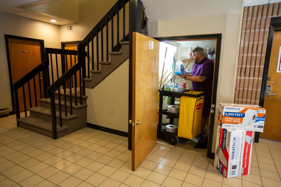 Jeff Mann, owner of Gleem Team, a Holmdel-based business that provides cleaning and disinfecting services for its customers, checks supplies at a client's building in Freehold, NJ Wednesday, June 15, 2022. 