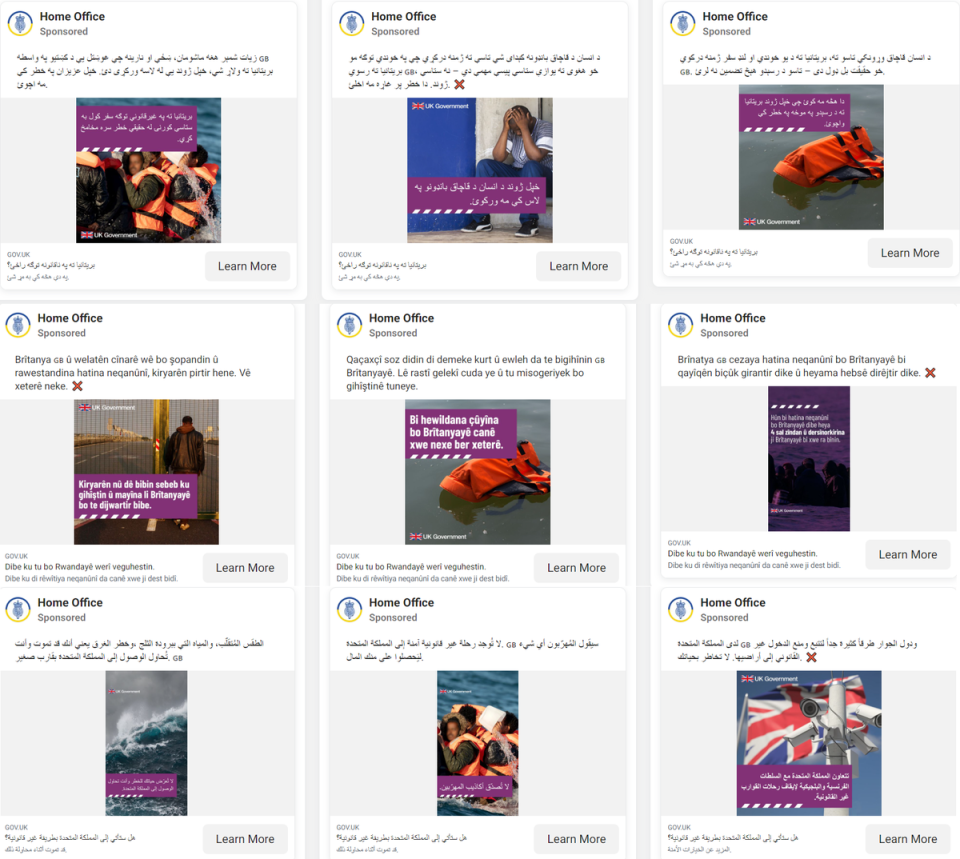 A selection of adverts shown to target audiences on Facebook and Instagram in an effort to deter small boat migrants (Meta ad library)