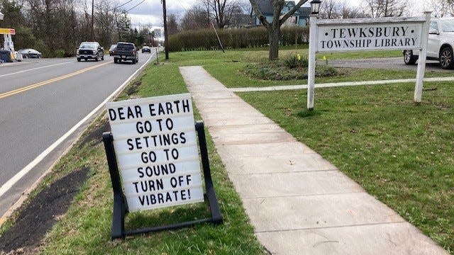 The sign at the Tewksbury Library on the day there was an earthquake in this quiet, rural Hunterdon County town.