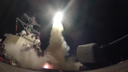 U.S. Navy guided-missile destroyer USS Porter (DDG 78) conducts strike operations while in the Mediterranean Sea which U.S. Defense Department said was a part of cruise missile strike against Syria on April 7, 2017. Ford Williams/Courtesy U.S. Navy/Handout via REUTERS