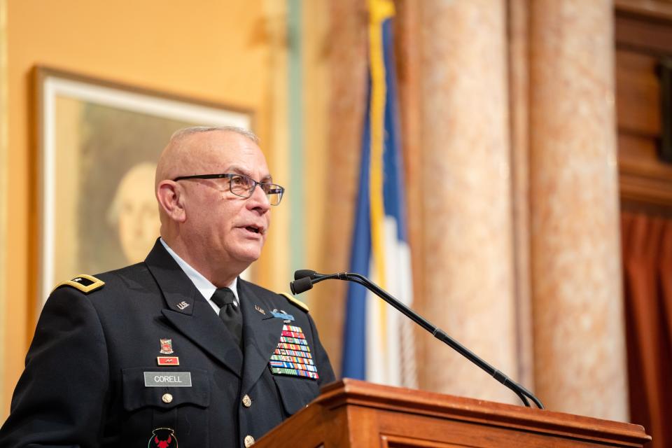 lowa Adjutant General Ben Corell gives the 2023 Condition of the Guard address to a joint session at the Iowa State Capitol, Thursday, Jan. 12, 2023.