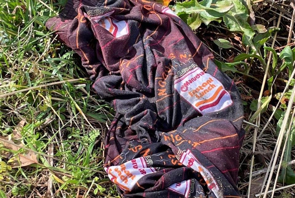 A pair of Maruchan Instant Lunch ramen-themed pajama bottoms lies on the side of Interstate 85, near an exit north of Henderson, NC. The pants caught the attention of Krista Taylor, the mother of 25-year-old Virginia woman who went missing in 2022.