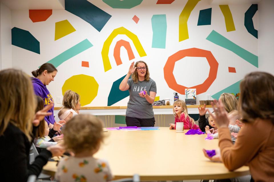 Kate Courtney of Muddy Boots Forest Camp leads an activity at Joujou, an indoor Montessori-inspired play space in Des Moines.