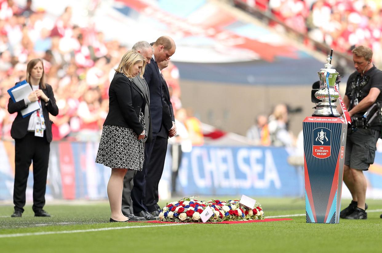 The Duke of Cambridge lays down the reef for a minutes silence prior to the Emirates FA Cup Final at Wembley: PA