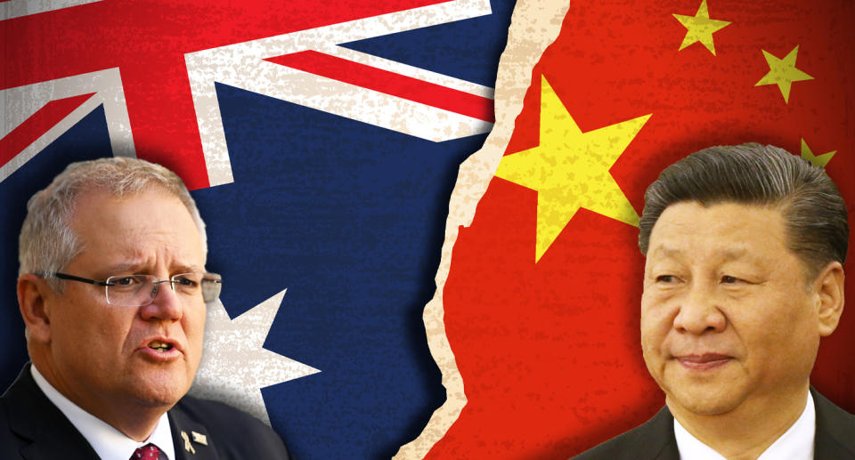 Scott Morrison and Xi Jinping over Australia and China flags