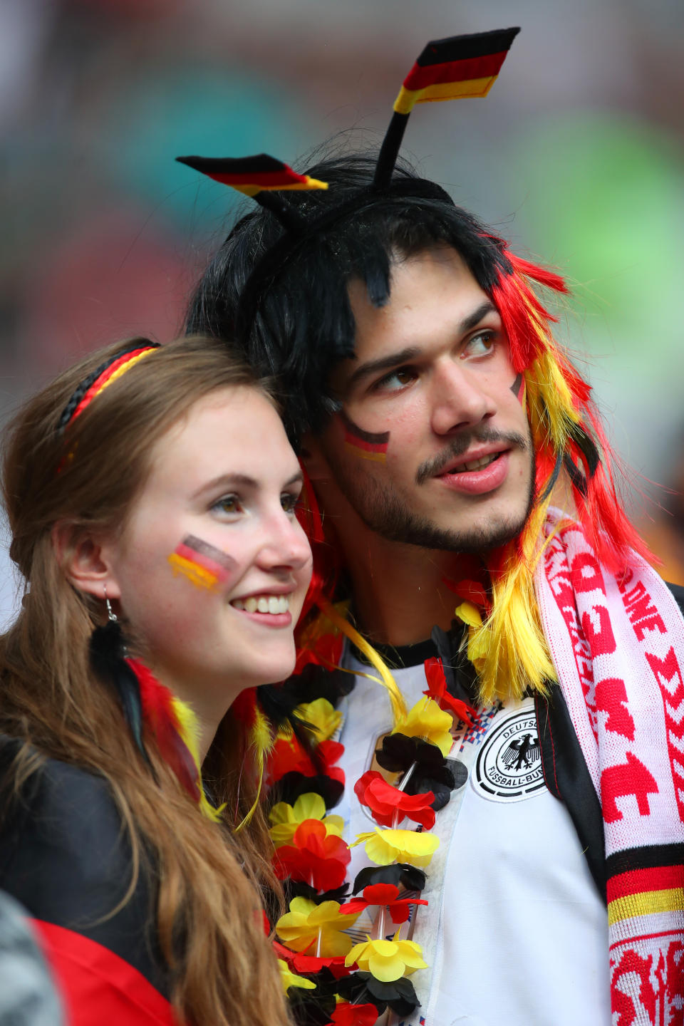 <p>Germany fans show their support prior to the 2018 FIFA World Cup Russia group F match between Germany and Mexico at Luzhniki Stadium on June 17, 2018 in Moscow, Russia. (Photo by Robbie Jay Barratt – AMA/Getty Images) </p>