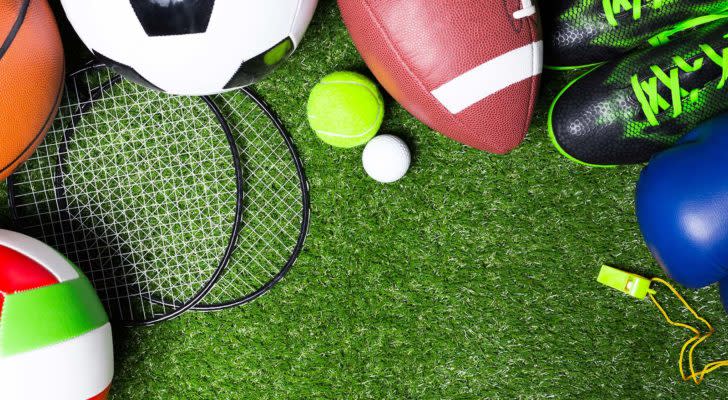 Various sports equipment like a football, soccer ball and volleyball on green grass.