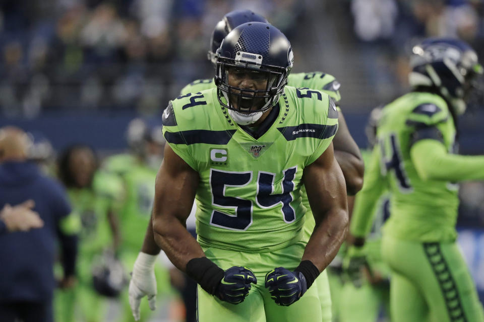 Seattle Seahawks middle linebacker Bobby Wagner reacts after a play against the Los Angeles Rams during the first half of an NFL football game Thursday, Oct. 3, 2019, in Seattle. (AP Photo/Elaine Thompson)