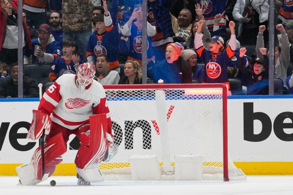 Red Wings goaltender Magnus Hellberg reacts after Islanders left wing Anders Lee scored a goal past him during the third period of the Wings' 4-1 loss to the Islanders on Saturday, March 4, 2023, in Elmont, New York.