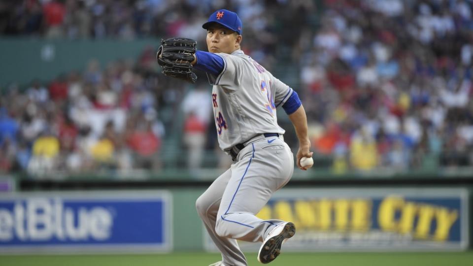 Jul 21, 2023; Boston, Massachusetts, USA; New York Mets starting pitcher Kodai Senga (34) pitches during the first inning against the Boston Red Sox at Fenway Park.