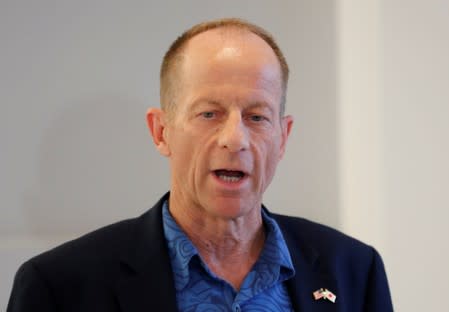 U.S. Assistant Secretary of State for East Asian and Pacific Affairs David Stilwell speaks to reporters as he arrives at Narita international airport in Narita